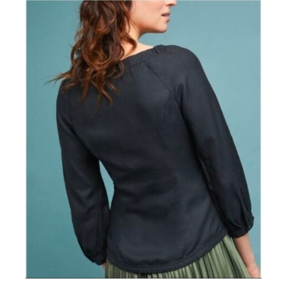 Anthropologie Maeve Morrill Black Ruched V-Neck Button Front Blouse Size 10 - Picture 14 of 14